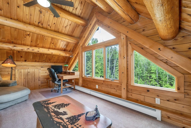 203 Orris Rd, Thornton, NH 03285 - carpeted office space with wood ceiling, wood walls, baseboard heating, and ceiling fan