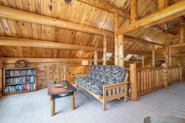 203 Orris Rd, Thornton, NH 03285 - carpeted living area with ceiling fan and wood ceiling