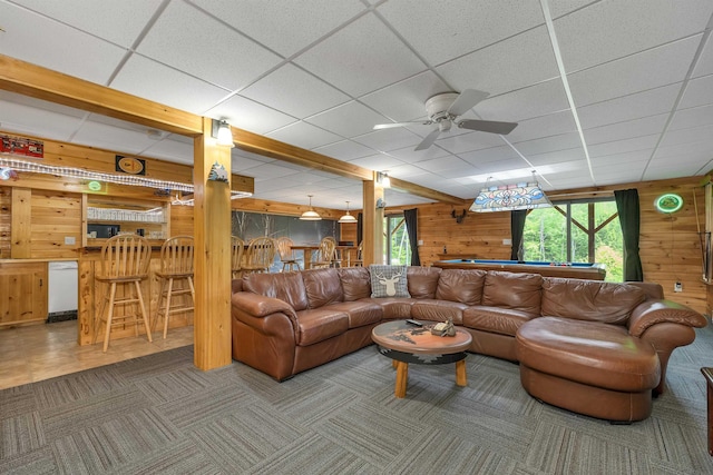 203 Orris Rd, Thornton, NH 03285 - living room with wood walls, pool table, a dry bar, ceiling fan, and a paneled ceiling