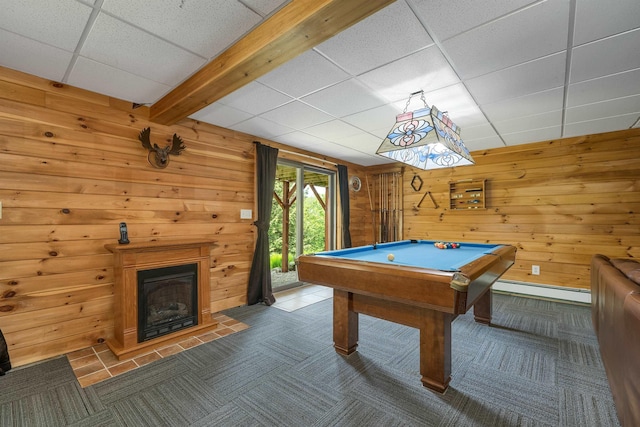 203 Orris Rd, Thornton, NH 03285 - recreation room featuring wood walls, a baseboard radiator, billiards, a paneled ceiling, and a fireplace with raised hearth