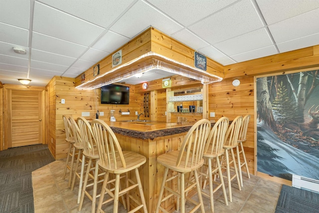 203 Orris Rd, Thornton, NH 03285 - indoor wet bar with wooden walls, a drop ceiling, and a baseboard radiator