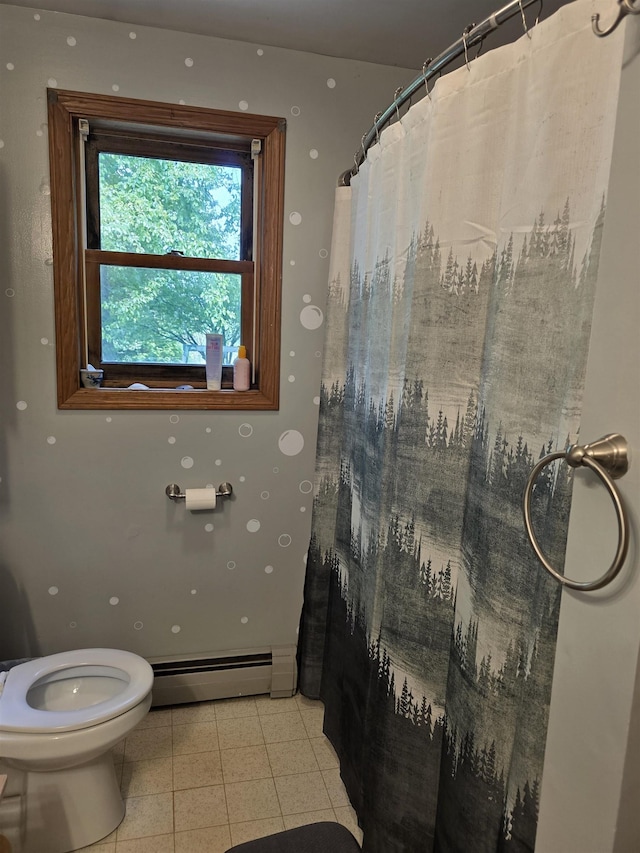 142 Sugar Plum Ct, Randolph, VT 05060 - bathroom featuring a baseboard heating unit, tile patterned flooring, and a shower with shower curtain