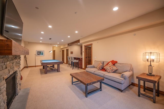 3B Freestyle Cir, Dover, VT 05356 - living area featuring light carpet, a fireplace, recessed lighting, and billiards