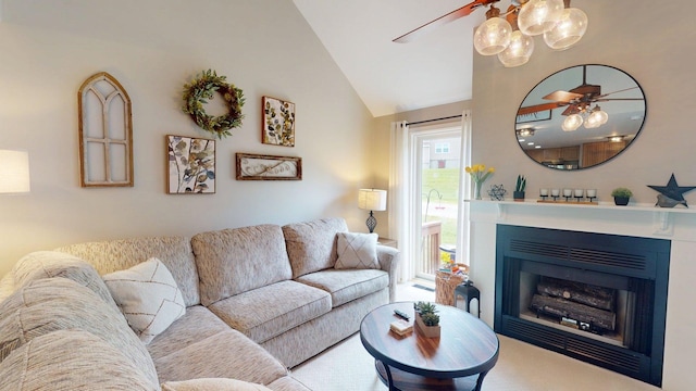 501 Bean Hill Rd Unit 32, Northfield, NH 03276 - living room featuring vaulted ceiling, a ceiling fan, and a fireplace