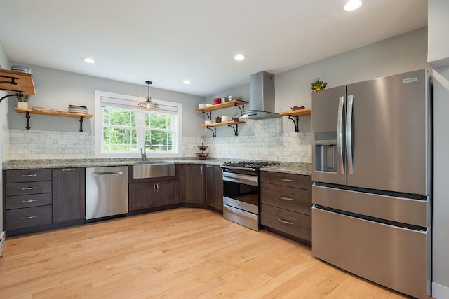 52 Jeffrey Dr, Sunapee, NH 03782 - kitchen featuring stainless steel appliances, open shelves, wall chimney range hood, dark brown cabinets, and recessed lighting