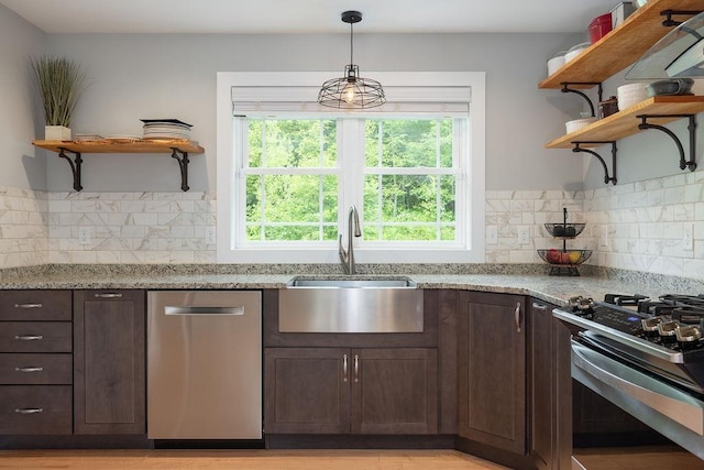 52 Jeffrey Dr, Sunapee, NH 03782 - kitchen featuring open shelves, appliances with stainless steel finishes, and dark brown cabinetry