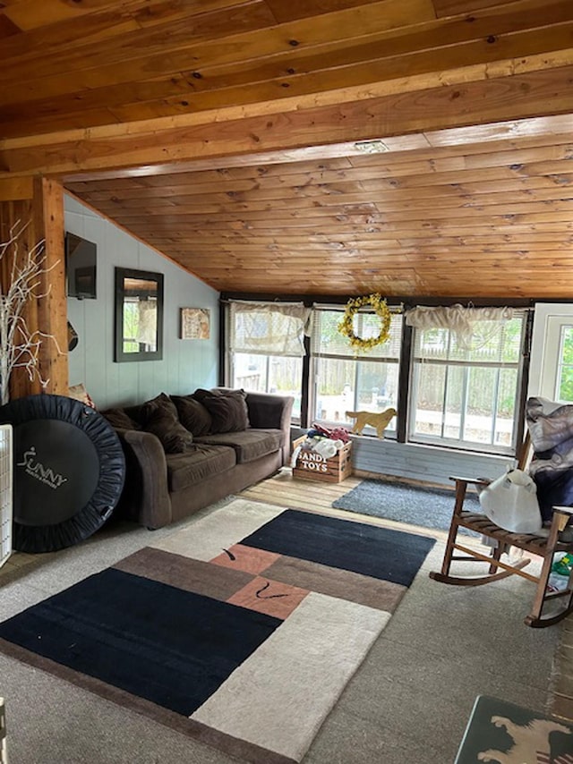33 Salmon Falls Rd, Rochester, NH 03868 - carpeted living area featuring vaulted ceiling, wood ceiling, and wooden walls