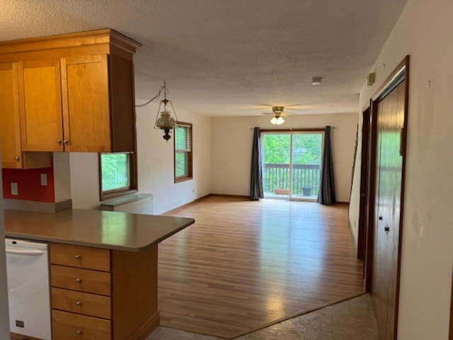 122 Batchelder St Unit A-8, Barre City, VT 05641 - kitchen with dishwasher, open floor plan, a textured ceiling, a ceiling fan, and brown cabinetry
