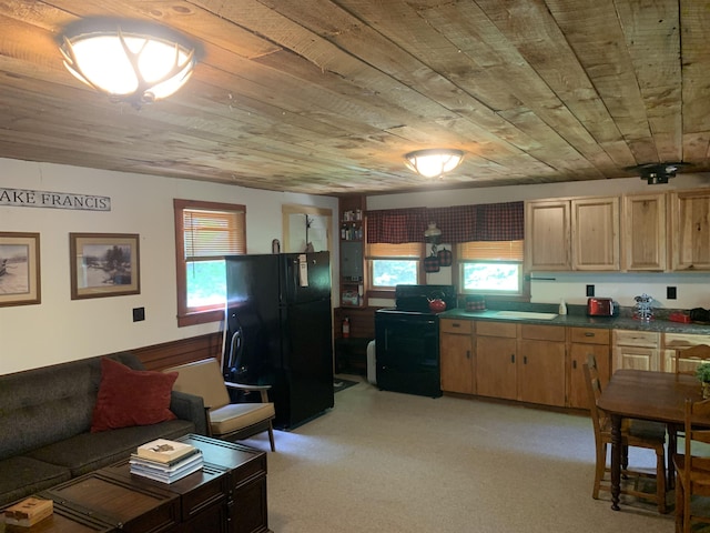 505 River Rd, Pittsburg, NH 03592 - kitchen featuring black appliances, wooden ceiling, light brown cabinets, and dark countertops