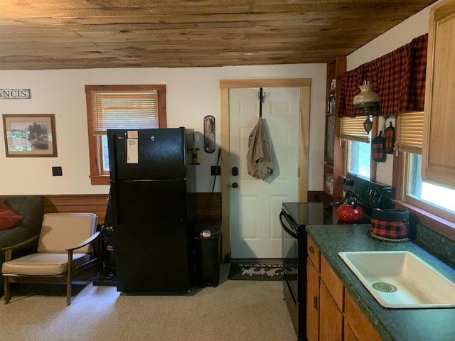 505 River Rd, Pittsburg, NH 03592 - kitchen with black appliances, wood ceiling, and dark countertops