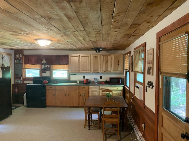 505 River Rd, Pittsburg, NH 03592 - kitchen featuring black appliances, wood ceiling, light brown cabinetry, light carpet, and dark countertops