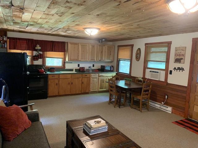 505 River Rd, Pittsburg, NH 03592 - kitchen featuring black appliances, plenty of natural light, light brown cabinetry, cooling unit, and wooden ceiling