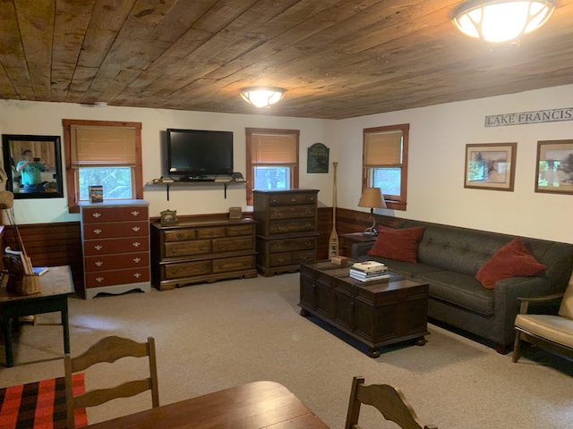 505 River Rd, Pittsburg, NH 03592 - living room featuring wooden ceiling and light colored carpet