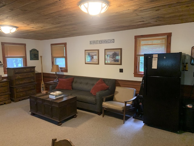 505 River Rd, Pittsburg, NH 03592 - living room featuring light carpet and wood ceiling