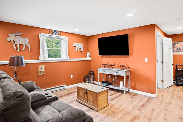 121 Deer Run Rd, Middleton, NH 03887 - living room featuring baseboard heating, light wood-style floors, and recessed lighting