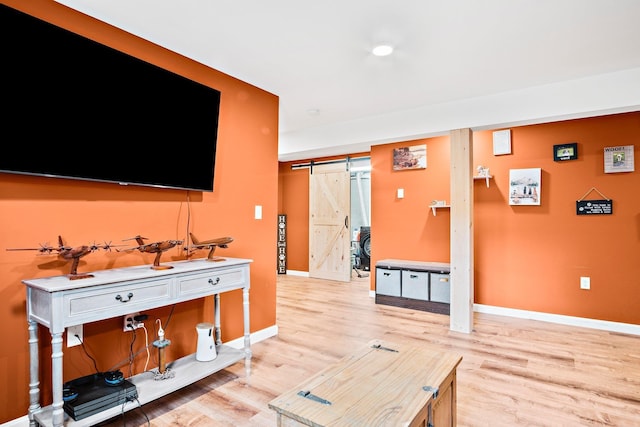 121 Deer Run Rd, Middleton, NH 03887 - living area featuring a barn door and light wood-style flooring