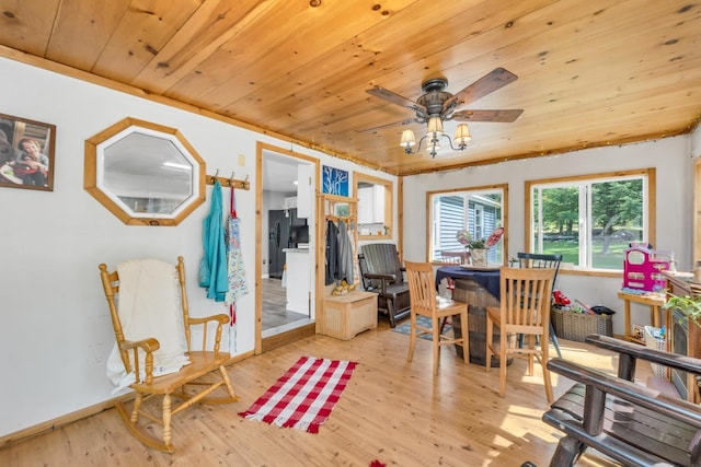 73 Tall Pine Rd, Farmington, NH 03835 - dining room with wooden ceiling, wood finished floors, and ceiling fan