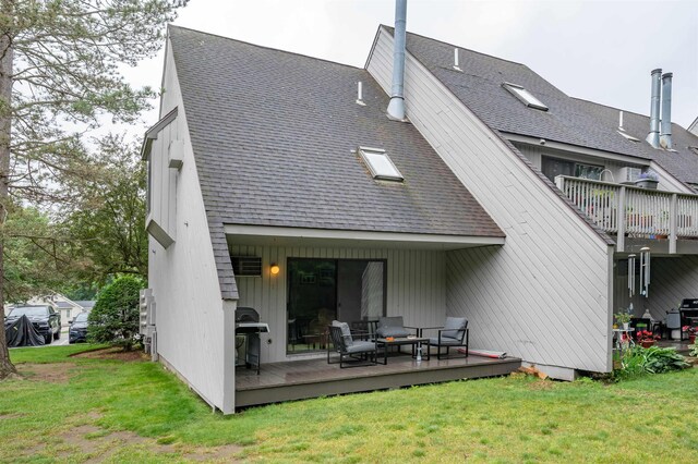 1 Harwich Ct, Merrimack, NH 03054 - back of property with roof with shingles, a yard, and a wooden deck