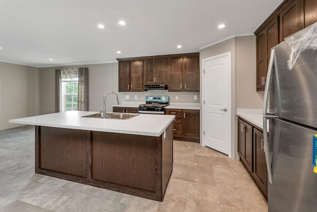 106 Stevens Rd Unit 1, Effingham, NH 03882 - kitchen featuring freestanding refrigerator, gas stove, exhaust hood, ornamental molding, and recessed lighting