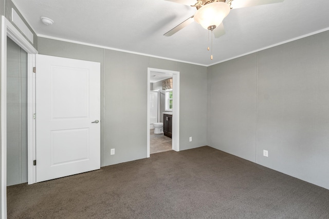 106 Stevens Rd Unit 1, Effingham, NH 03882 - unfurnished bedroom featuring carpet floors, crown molding, connected bathroom, and a ceiling fan