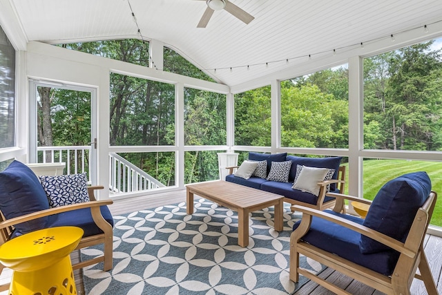 65 Forest St, Londonderry, NH 03053 - sunroom with ceiling fan, an outdoor hangout area, vaulted ceiling, and healthy amount of natural light