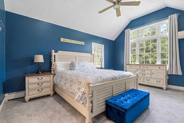 65 Forest St, Londonderry, NH 03053 - bedroom featuring light colored carpet, vaulted ceiling, a baseboard heating unit, and ceiling fan