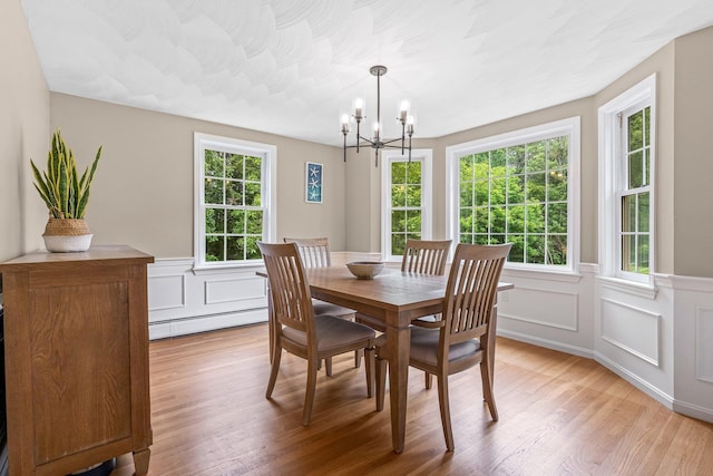 65 Forest St, Londonderry, NH 03053 - dining room featuring a baseboard radiator, a chandelier, healthy amount of natural light, light wood finished floors, and a wainscoted wall