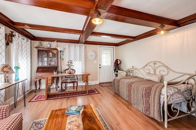 57 Rutland St, Dover, NH 03820 - bedroom with coffered ceiling, beamed ceiling, and light wood-style flooring