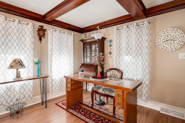 57 Rutland St, Dover, NH 03820 - office area featuring wood finished floors, crown molding, beam ceiling, and coffered ceiling