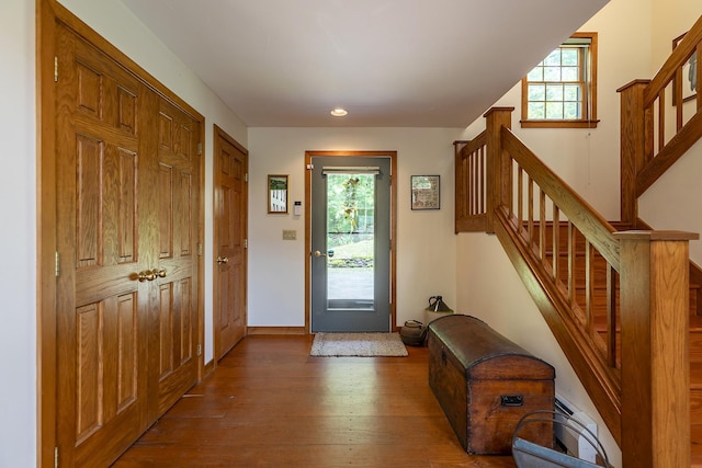 3440 Rte 44, West Windsor, VT 05037 - foyer featuring stairway, wood-type flooring, healthy amount of natural light, recessed lighting, and a baseboard radiator