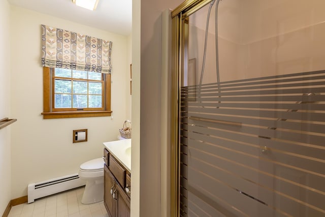 3440 Rte 44, West Windsor, VT 05037 - bathroom with a baseboard heating unit, vanity, and a shower