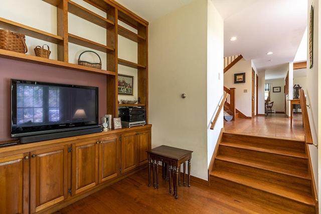 3440 Rte 44, West Windsor, VT 05037 - bar with stairs, dark wood-style flooring, and recessed lighting