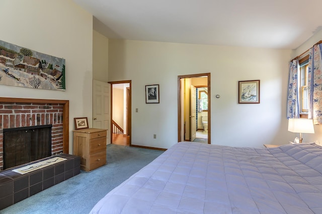 3440 Rte 44, West Windsor, VT 05037 - bedroom with carpet floors, a fireplace, and high vaulted ceiling