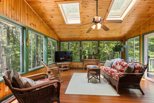 9 Strout Ln, Durham, NH 03824 - sunroom with a skylight, a ceiling fan, lofted ceiling, and an outdoor living space