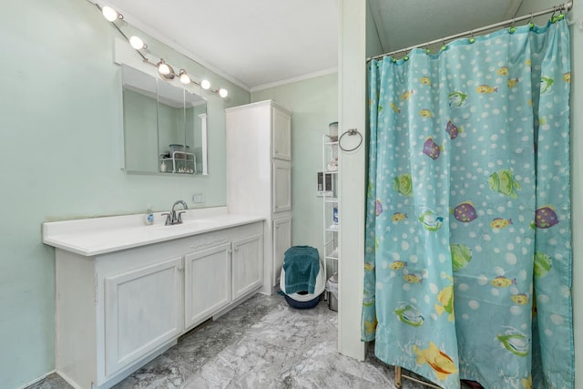265 Lowell St, Rochester, NH 03867 - full bathroom with ornamental molding, marble finish flooring, vanity, and a shower with shower curtain