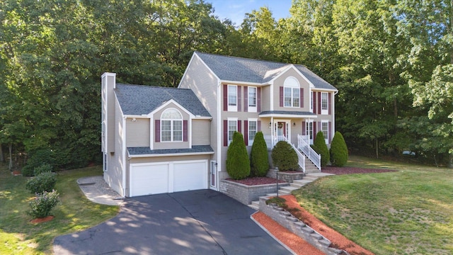 7 Partridge Cir, Salem, NH 03079 - colonial inspired home with asphalt driveway, a chimney, a garage, and a front yard