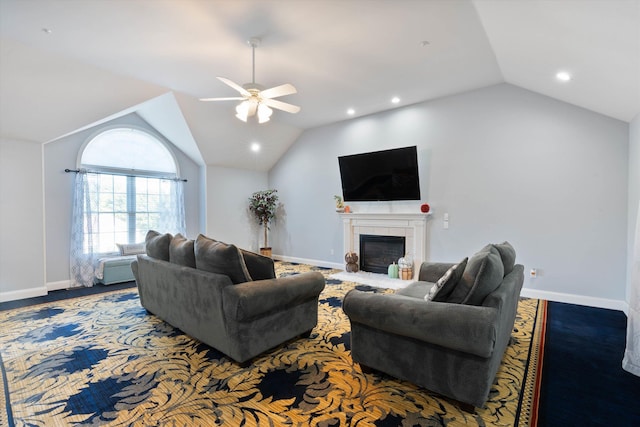 7 Partridge Cir, Salem, NH 03079 - living area featuring vaulted ceiling, a ceiling fan, a tile fireplace, and recessed lighting