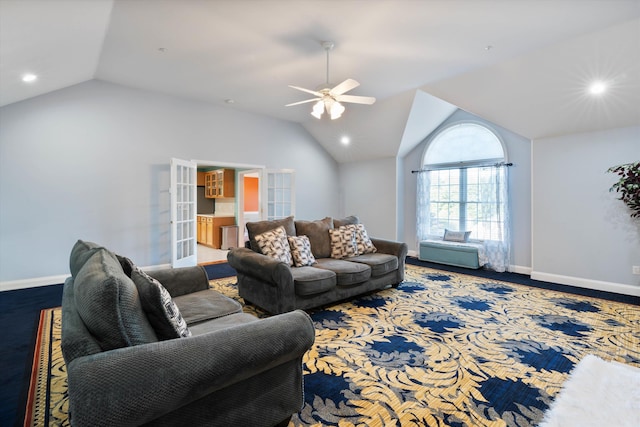 7 Partridge Cir, Salem, NH 03079 - living room featuring lofted ceiling, ceiling fan, recessed lighting, and french doors