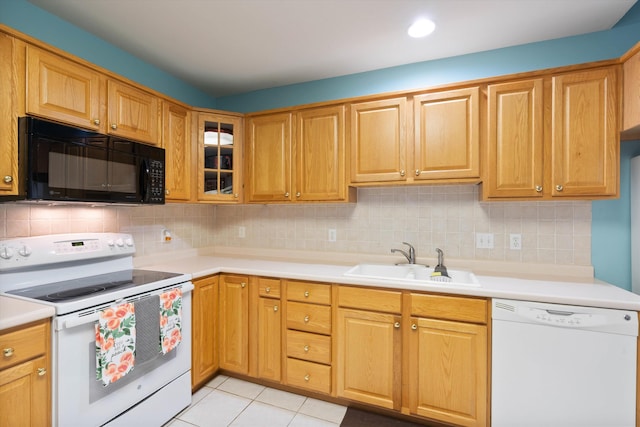 7 Partridge Cir, Salem, NH 03079 - kitchen featuring white appliances, light countertops, glass insert cabinets, and backsplash