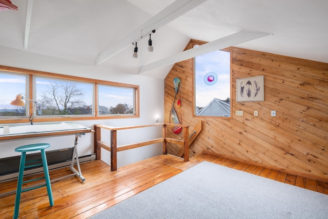 154 Cycad Ave, York, ME 03909 - office area with wooden walls, lofted ceiling, hardwood / wood-style floors, and rail lighting