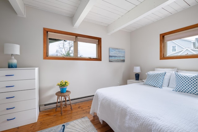 154 Cycad Ave, York, ME 03909 - bedroom featuring a baseboard heating unit, multiple windows, hardwood / wood-style floors, and a wooden ceiling with exposed beams