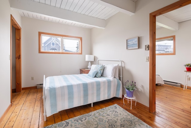 154 Cycad Ave, York, ME 03909 - bedroom featuring light wood-style floors, a baseboard radiator, a wooden ceiling with exposed beams, and a baseboard heating unit
