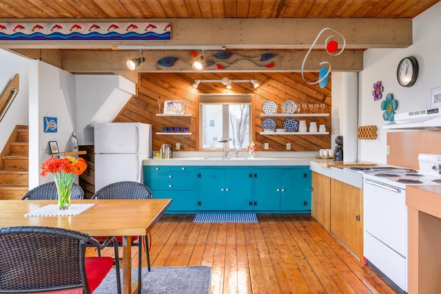154 Cycad Ave, York, ME 03909 - kitchen with white appliances, open shelves, under cabinet range hood, a wooden ceiling with exposed beams, and light wood finished floors