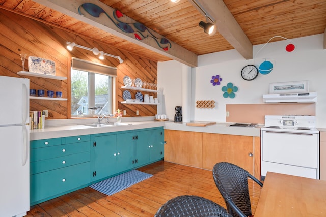 154 Cycad Ave, York, ME 03909 - kitchen with open shelves, white appliances, under cabinet range hood, a wood ceiling with exposed beams, and light wood-type flooring