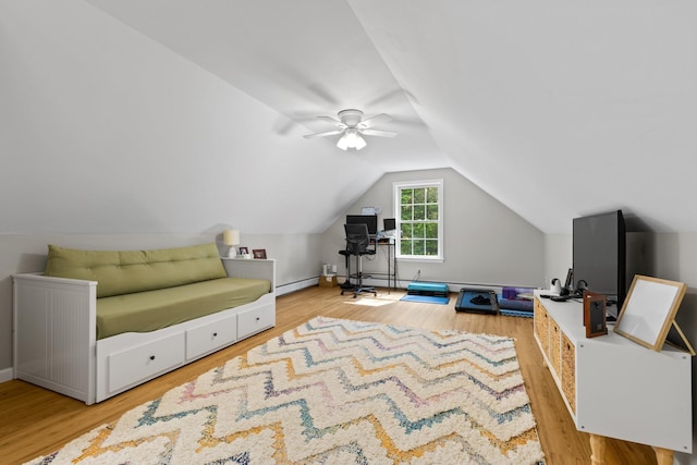 23 Stone Farm Rd, Barrington, NH 03825 - bedroom with a baseboard radiator, wood finished floors, lofted ceiling, and a ceiling fan