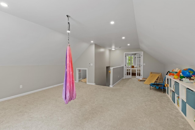 23 Stone Farm Rd, Barrington, NH 03825 - rec room featuring lofted ceiling, carpet, and recessed lighting