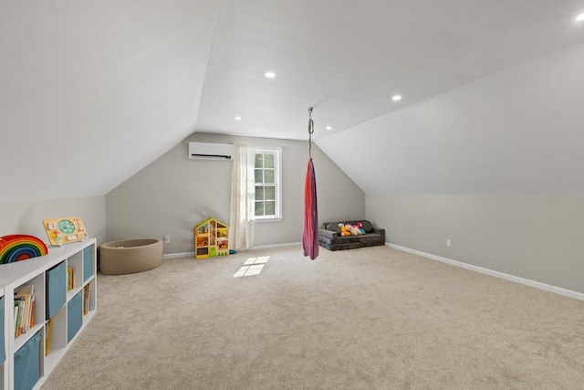 23 Stone Farm Rd, Barrington, NH 03825 - playroom with a wall mounted air conditioner, lofted ceiling, carpet, and recessed lighting