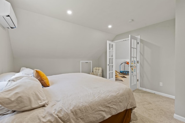 23 Stone Farm Rd, Barrington, NH 03825 - bedroom with french doors, a wall mounted air conditioner, vaulted ceiling, carpet flooring, and recessed lighting