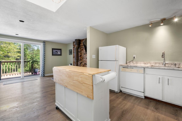 31 Eastside Ln Unit 8, Francestown, NH 03043 - kitchen featuring white appliances, butcher block counters, dark wood-style floors, and white cabinets