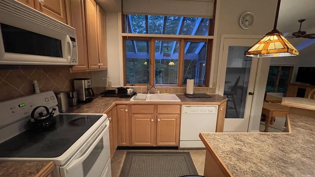 248 Club Sugarbush Ext Unit 18, Warren, VT 05674 - kitchen featuring white appliances, tasteful backsplash, decorative light fixtures, and a ceiling fan